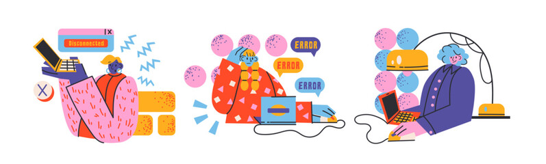 Cartoon characters with internet search bar and digital icons in memphis style. Surfing the Internet, website, online company. Search panel in the browser. Vector illustration
