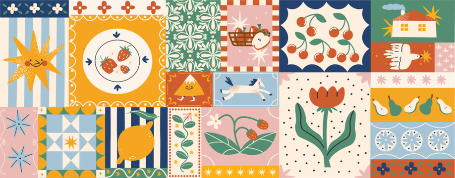 Bright fruit and plant pattern in retro cartoon style. Oranges, apples, bananas, leaves, tropical plants - vibrant nature-inspired design in trendy retro doodle style.