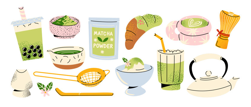 Cartoon set of matcha green tea. Fresh drink, ceramic cup, teapot, brewing pot. Hand drawn vector doodles depicting traditional Japanese tea ceremony.