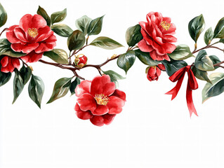 Camellia flower red blossom sprig ribbon leaf botanical clipart white background vintage bloom nature plant elegant bouquet realistic green branch stem floral watercolor detailed natural artwork