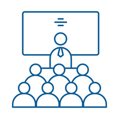 Vector icon for conference. Line art depicting business meetings, presentations, and corporate discussions.