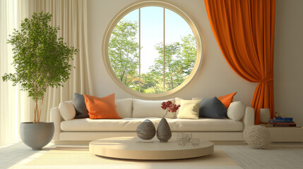 Warm and cozy living room interior with round wall panel, stylish sofa, braight plaid, beige coffee table, vase with branch, books, modern sculpture and personal accessories. Home decor. Template.