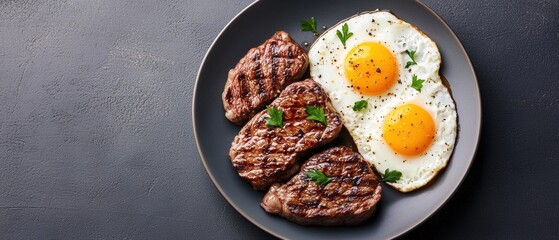 Plate of food with two fried eggs on it. the plate is grey and round, and the eggs are cooked sunny-side up with the yolks still intact.