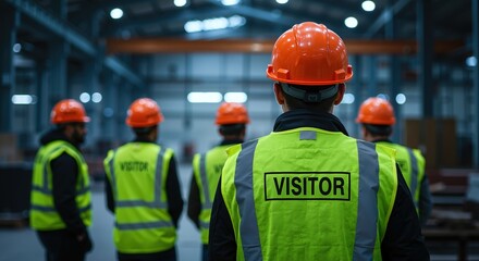 Industrial workers in yellow safety vests, hard hats touring manufacturing facility. Group of visitors in protective equipment at factory. industrial tour. Manufacturing training, safety inspections