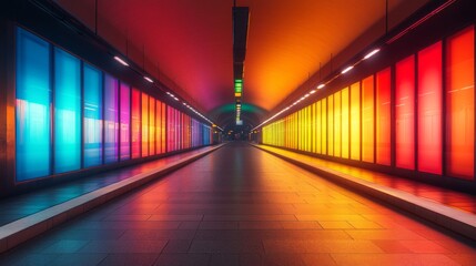 Fototapeta premium A modern subway corridor features an array of colorful lights on both sides, creating a dynamic atmosphere for commuters. The smooth flooring reflects the vibrant hues, enhancing the urban experience.