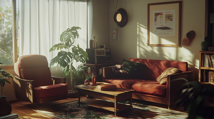 Warm and cozy living room interior with mock up poster frame, wooden coffee table, boucle sofa, white armchair, black rack, vase with magnolia, brown plaid and personal accessories. Home decor. 