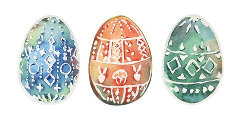 Easter set of painted eggs with stylized, geometric decorative pattern. Illustration is painted with watercolors of green, blue, orange colors. White ornament of dots, circles, rhombuses, stripes is