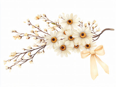 White daisy flower sprig botanical clipart ribbon tied bouquet leaf soft background floral illustration elegant natural bloom stem petal vintage spring plant arrangement decorative branch bunch