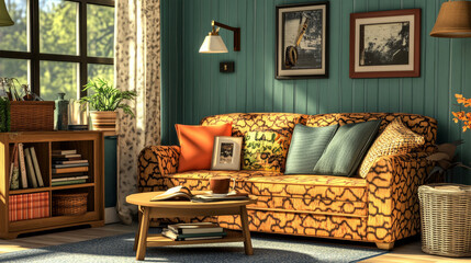 Fototapeta premium Interior design of cozy living room with mock up poster frame, modular sofa, gray armchair, travertine coffee table, braided basket, rattan sideboard and personal accessories. Home decor. Template.