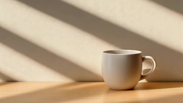 Empty coffee mug standing on table with moving shadows of sunlight from window blinds