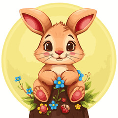 Cute Cartoon Bunny Sitting on a Log – Adorable Animal Illustration