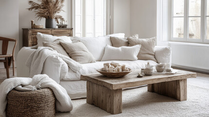 Cozy and boho living room featuring a white sofa with textured cushions and blankets, a wooden coffee table with decorations and decorative elements in natural tones. Stylish home interior. Template.