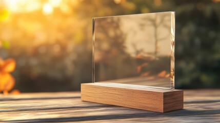 A close-up of a sleek, modern transparent acrylic plaque standing on a rectangular wooden base. The plaque is completely clear with no text or engravings and has a 4:5 proportion.