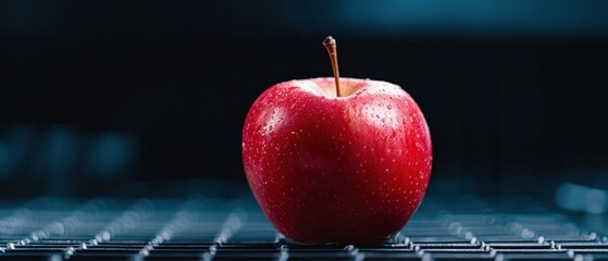 Close-up of a red apple on a wire grid. the apple is in focus, while the background is blurred, making it the focal point of the image.