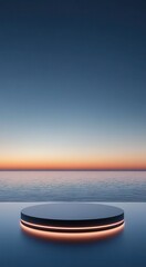 A flat, circular surface with an illuminated bottom edge, set against the backdrop of a dark blue sky at sunset. The composition is centered and symmetrical, creating a sense of.