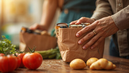 Couple unpacking groceries from paper bag, warm atmosphere, fresh vegetables on the table