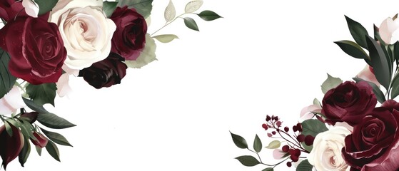 Dark red white rose flower border frame funeral banner blank template burgundy black branch leaf leaves card copy space.