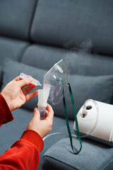 Dripping medical solution for inhalation treatment. Process of preparing compressor nebulizer...
