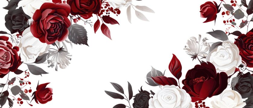 Dark red white rose flower border frame funeral banner blank template burgundy black branch leaf leaves card copy space.