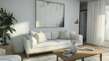 A modern living room interior featuring cozy, plush white sofas, a wooden side table with decorative items, and minimalist decor. The space is enhanced by a large abstract painting and a soft rug.