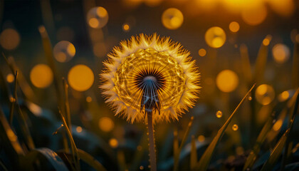 Golden hour dandelion glowing seeds soft sunset light magical bokeh dreamy nature scene peaceful