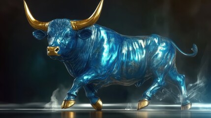 Intricate gold pendant featuring a fierce blue bull with shimmering golden horns and hooves, capturing elegance and strength in a captivating design
