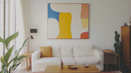 A minimalist living room with a cozy white sofa, wooden side table, and neutral decor. A large abstract painting hangs on the wall. A potted plant adds a touch of greenery to the serene space.