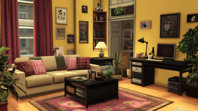 Cozy living room interior with mock up poster frame, yellow wall, burgund coffee table, pink plaid, beige sofa, bleck desk, lamp and personal accessories. Home decor. Template. 