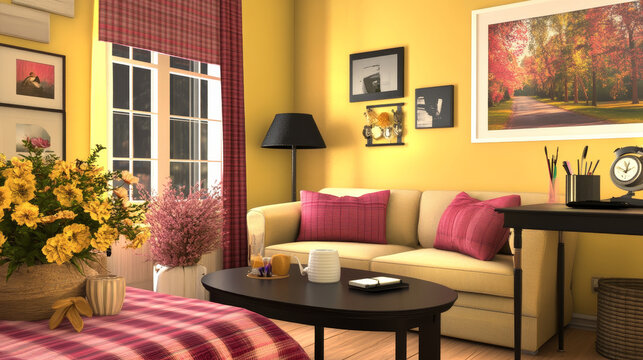 Cozy living room interior with mock up poster frame, yellow wall, burgund coffee table, pink plaid, beige sofa, bleck desk, lamp and personal accessories. Home decor. Template. 