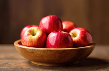 Fresh red apples in wooden bowl on rustic wooden table
