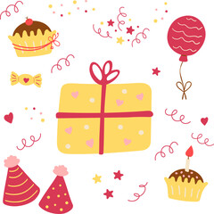 Birthday celebration flat set party hat features a colorful illustration with gifts, balloons, cupcakes, and festive decorations. Ideal for birthdays, anniversaries, baby showers