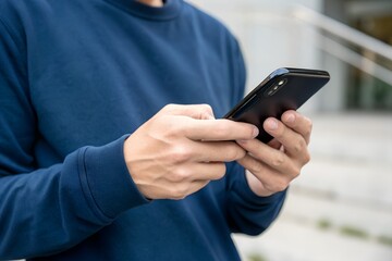 Alert notification concept. Push Notifications, Web Reminders, Time Table and Announcements. Person using smartphone with notification icon on virtual screen.