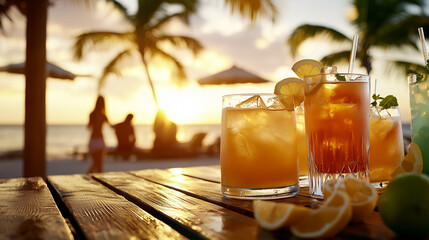 A group of friends enjoying cocktails at sunset by the beach
