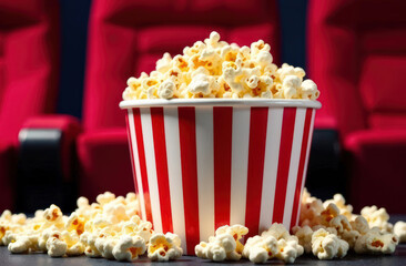 Overflowing popcorn bucket in cinema seats