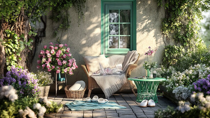 Obraz premium Cozy composition of warm terrace interior with garden armchair, pillows, vase with flowers, bench, green coffee table, slippers, vase with flowers and personal accessories. Home decor. Template.