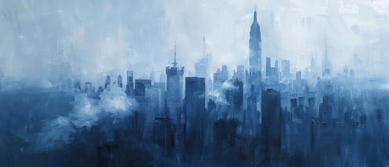 Fototapeta premium City landscape paint brush stroke dark blue canvas oil modern creativity horizontal artist dirt smooth stained oil painting.
