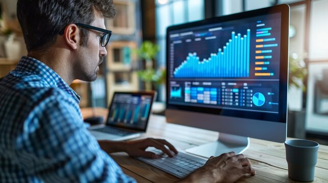 Business analyst reviewing data visualization on desktop and laptop for performance insights and decision-making