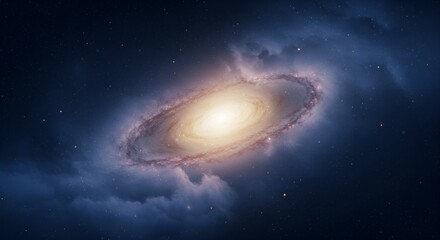 A mysterious deep-space galaxy with swirling mist, glowing cosmic dust, and a radiant galactic core