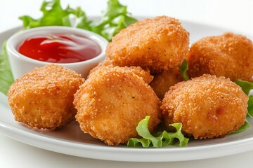 A close-up of deep fried golden brown chicken nuggets served with ketchup