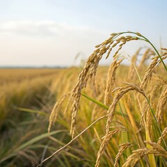 Golden ears of ripe wheat sway across the rural summer field
