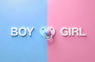 Gender reveal concept with baby pacifier on split blue and pink background