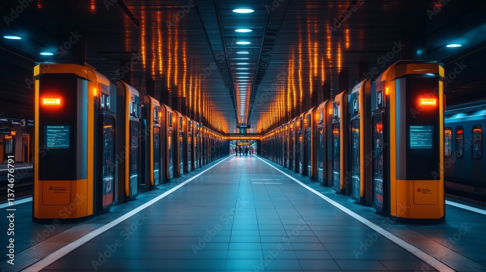 Poster A busy transportation hub features automated systems and vibrant lighting, emphasizing security and efficient mobility options for travelers during peak hours.