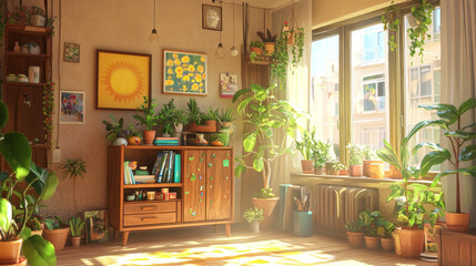 Stylish interior with a wooden cabinet adorned with potted plants, decorative objects, and books. A vibrant art piece featuring a sunburst design adds a pop of color. Cozy seating area. Template.