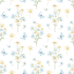 Spring seamless pattern, watercolor. Texture. Small spring flowers. Blooming. Summer. Pink, blue. Home textile, tablecloth. Print for fabric. Floral pattern.