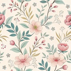 Vintage floral seamless pattern with ornate pink flowers and leaf decor