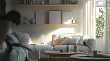 Fototapeta premium Scandinavian-inspired living room with soft textures, geometric shelving and a cozy minimalist layout.