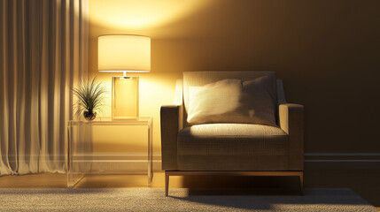 Minimalist lounge corner with a boucle armchair, translucent side table, and sculptural lamp. Neutral tones emphasize tranquility and style.