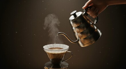 Pouring hot water from a kettle into a coffee dripper in a dark and moody setting for brewing coffee