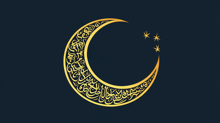 Golden crescent moon ornament with arabic inscription signifies ramadan's spiritual essence and festive celebration. Sacred Inscription. Illustration