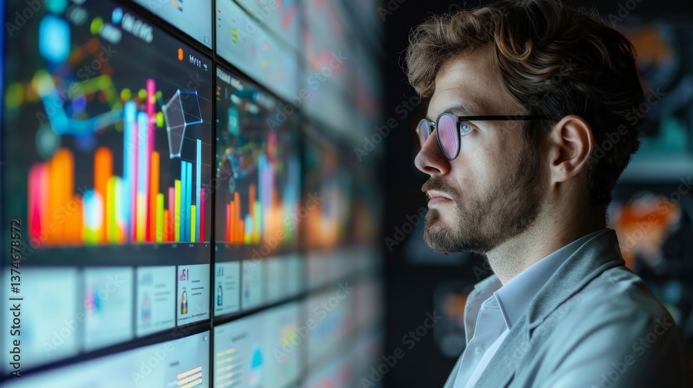 Poster data analyst reviewing performance metrics on a digital dashboard in a modern office environment